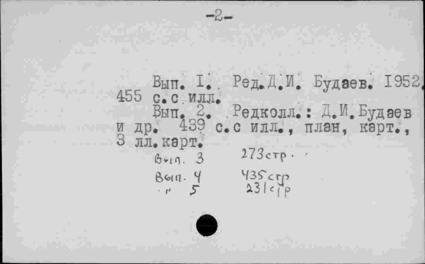 ﻿-2-
Вып. I.. Ред»Д.И. Будэев. 1952 455 с.с.илл.
Вып. 2. . Редкэлл. : Д.И, Будаев и др. 439 с. с илл., план, карт., 3 лл.карт.
бнп. 3	ПЗсгр. •
Вып- Ч	Ч39сгр
■ и У